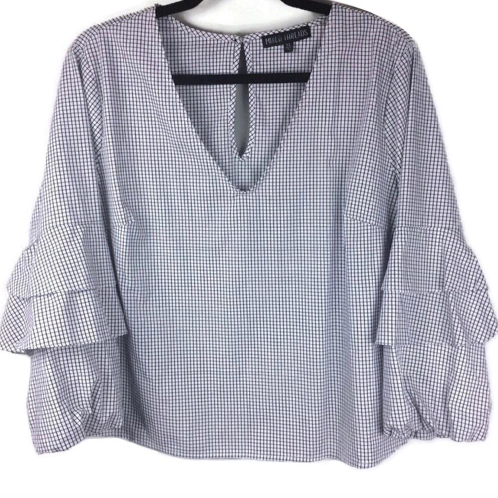 Mixed Threads Plaid Ruffled Balloon Sleeve V-Neck Blouse Size XL
